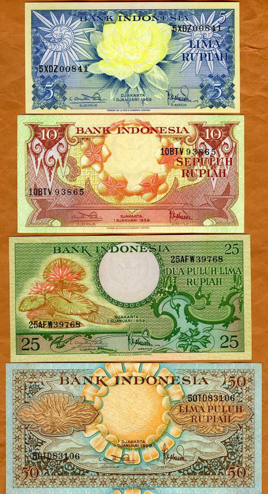 SET Indonesia, 5-10-25- 50 Rupiah, 1959, P-65-66-67-68, UNC Flower, Birds