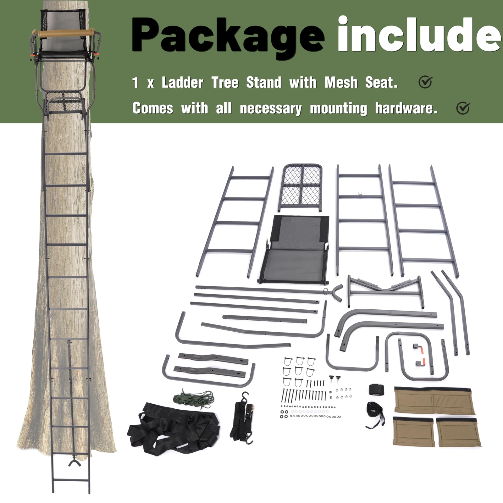 15.5' Steel Climbing Ladder Tree Stand Outdoor For Hunting&Mesh Seat Equipment