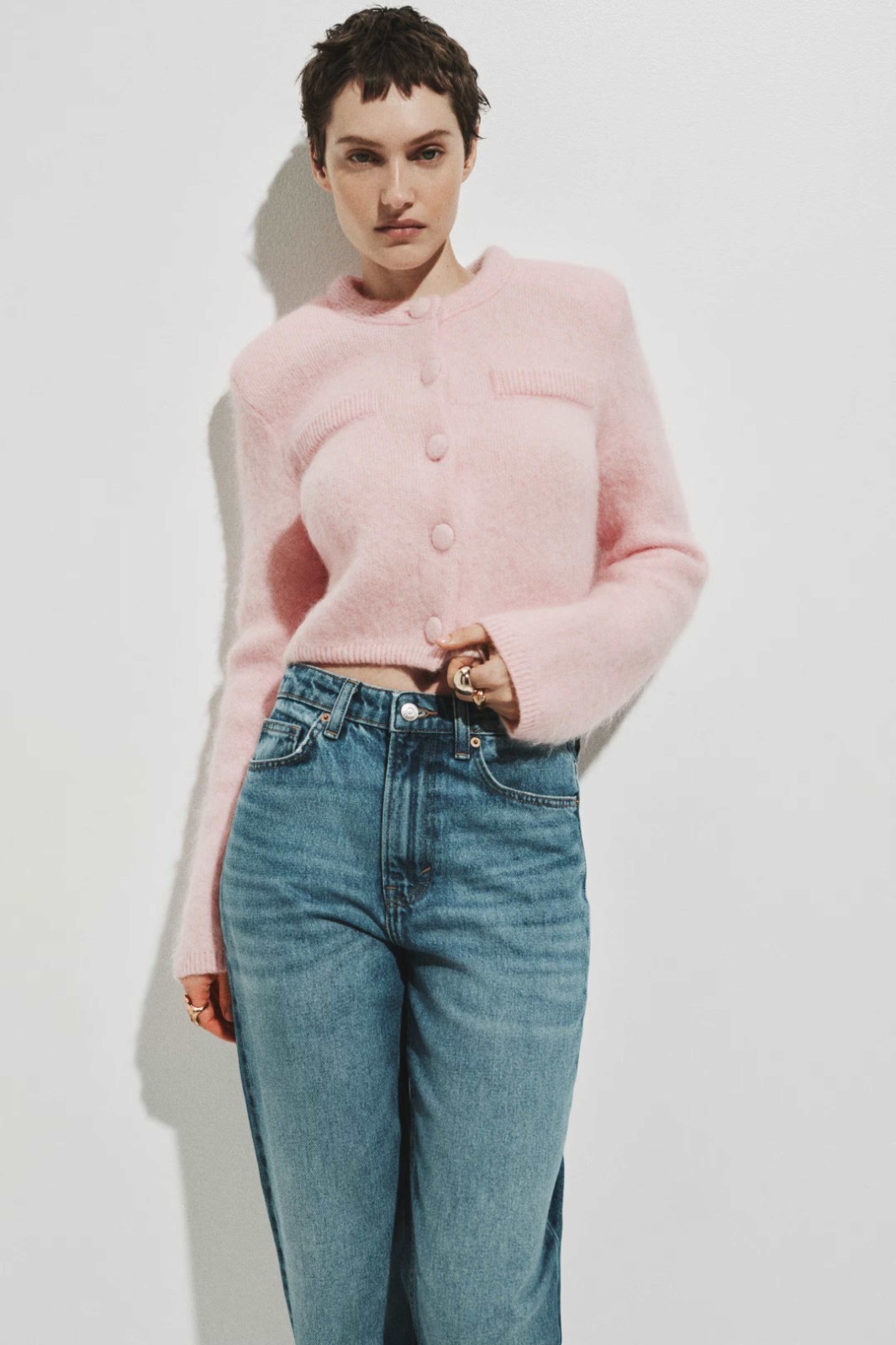 H&M WOMENMohair Blend Cropped Cardigan Shoulder Pads Button Front Soft Knit Pink