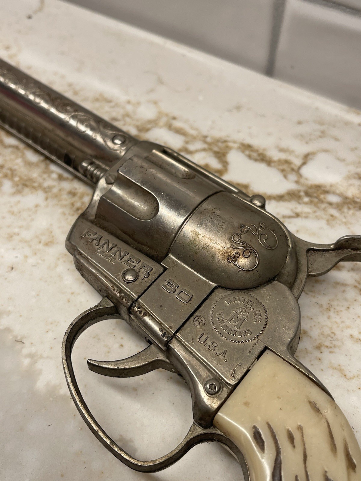 1960s VTG Mattel Fanner 50 Toy Cap Replica Gun Used Leather Holster MADE IN USA