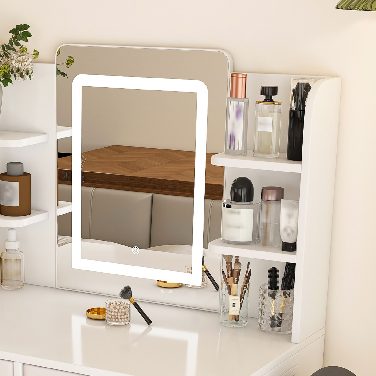 LED Mirror Vanity Dressing Table w/ Lights, 2 Large Drawers & Hair Dryer Stand