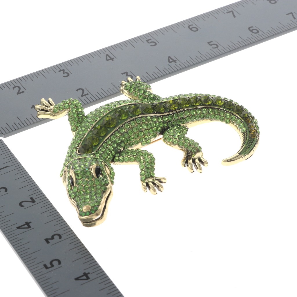 Antique Gold Tone Alloy Metal Large Alligator Rhinestone Brooch P1626-GRN
