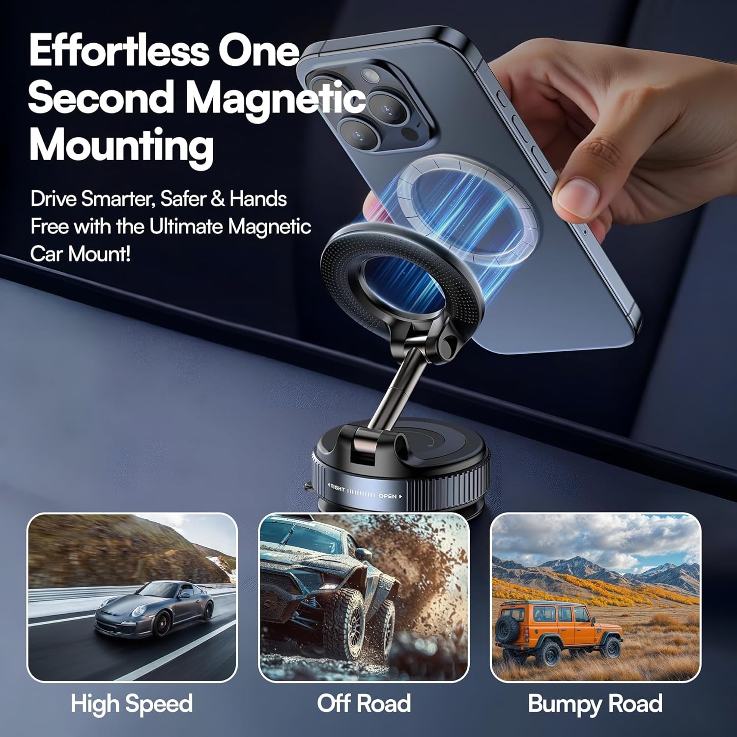 Vacuum Magnetic Phone Holder for Car – Zinc Alloy Suction Car Mount, Adjustable