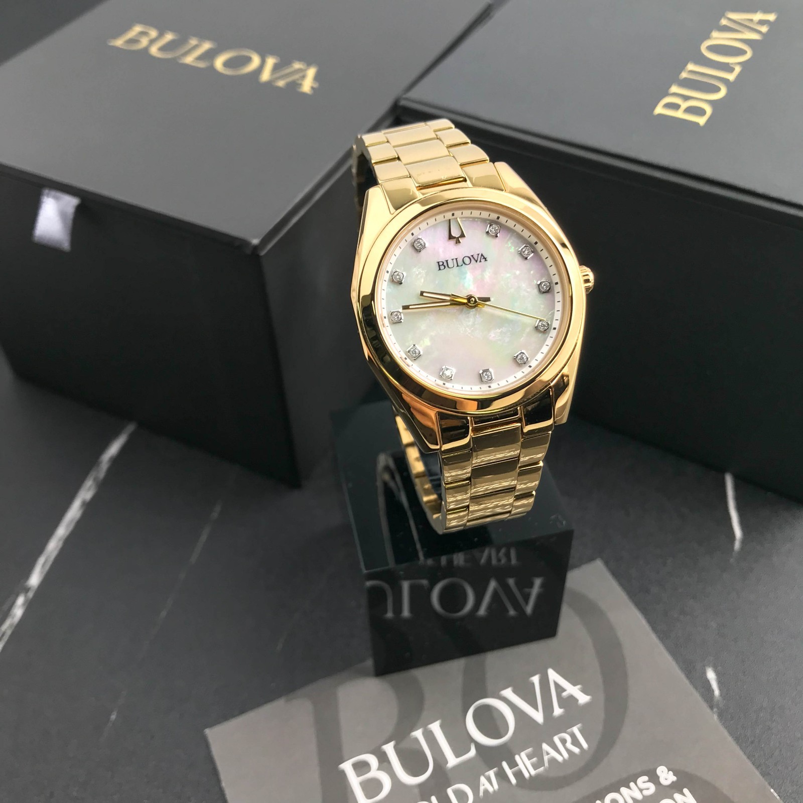 Bulova Surveyor Ladies 97P172 Gold Tone Mother-of-Pearl Dial Quartz Watch 31mm