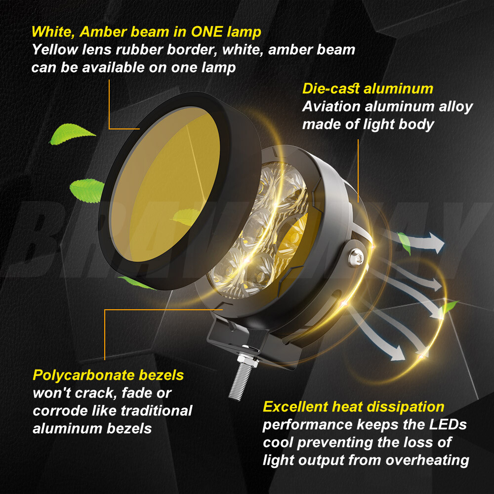 Pair Yellow White Motorcycle LED Spot Light Auxiliary Headlight Fog Driving Lamp