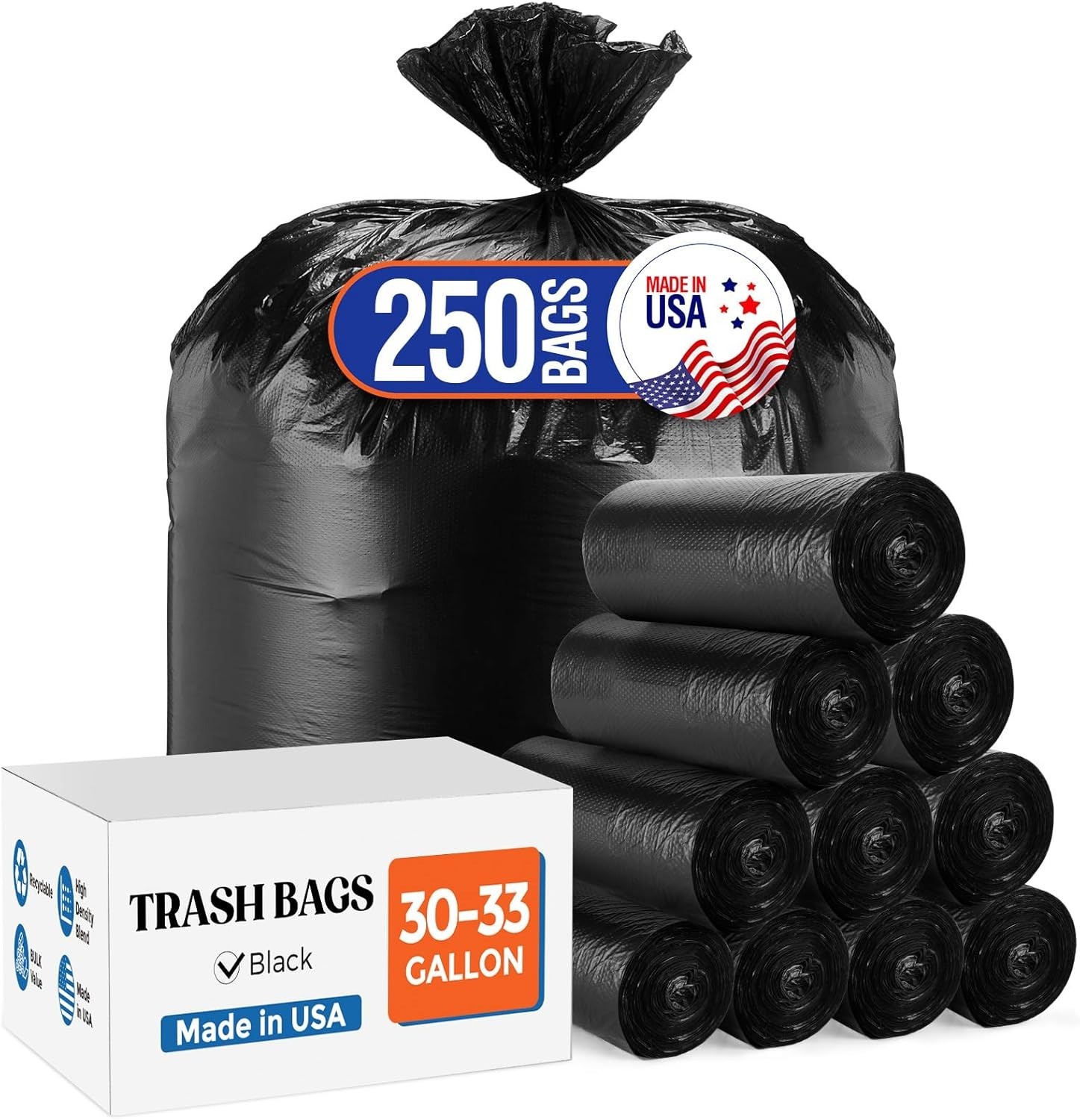 30-33 Gallon Black Trash Bags Kitchen Garbage Rubbish Bags 250Bags 32x38" Medium