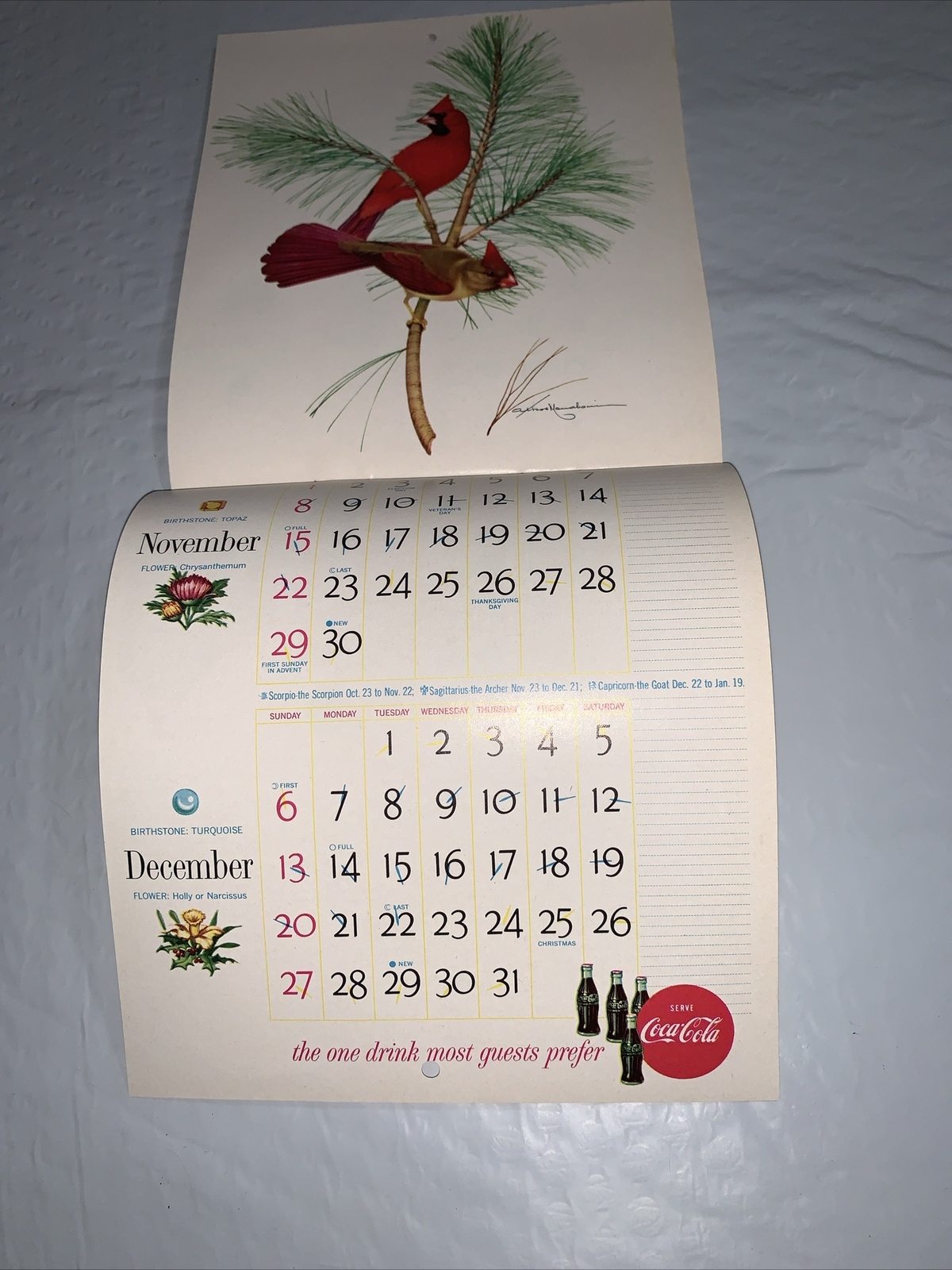 Original 1959 Coca Cola Calendar of American Birds 7 x 12” by ATHOS MENABONIL