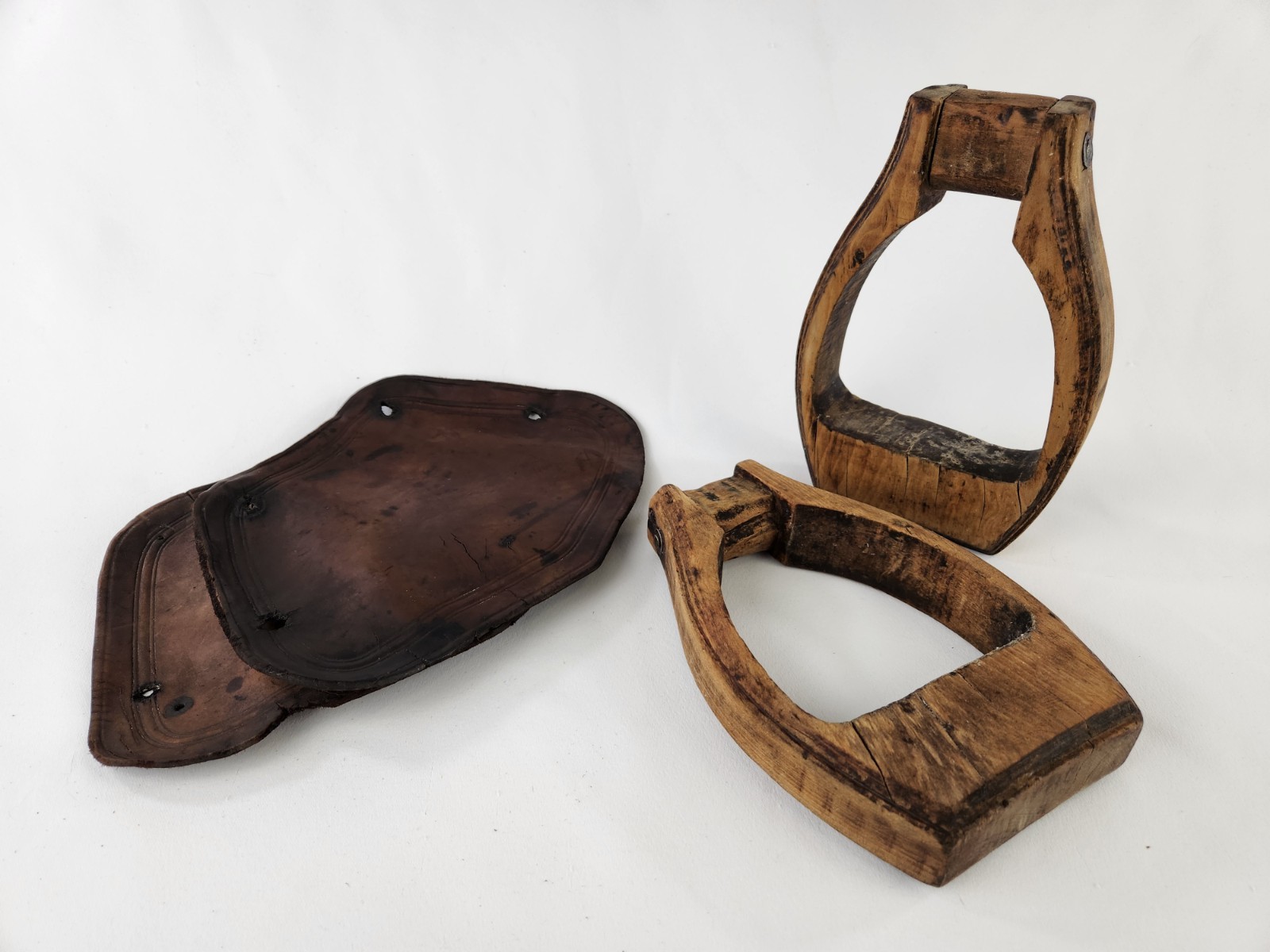 Antique Wooden Stirrups & Leather Tapaderos Boot Cover Hand Carved Horse Saddle