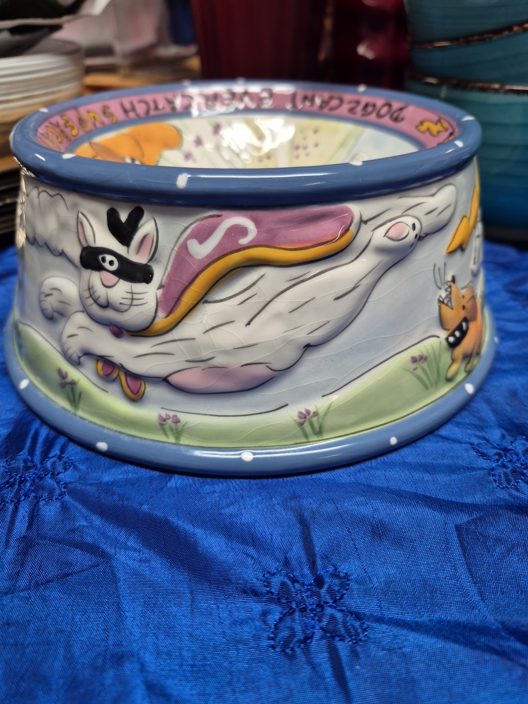 Blue Sky Cat Bowl “Super Cat” 6.5” Ceramic Hand Painted Dogz Can't Ever Catch SC