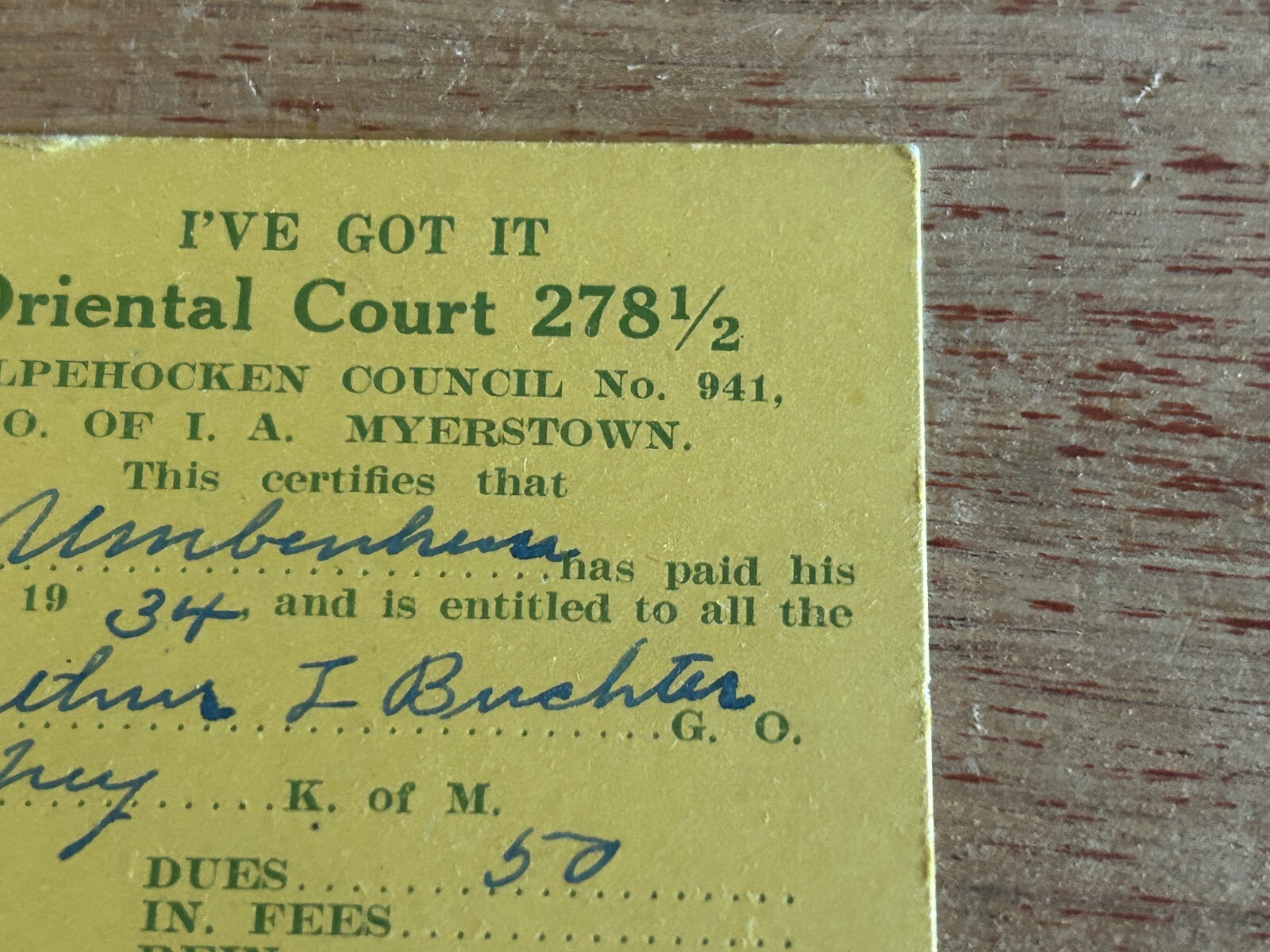 Order Independent Americans Member ID Card 1933 Myerstown Tulpehocken Council