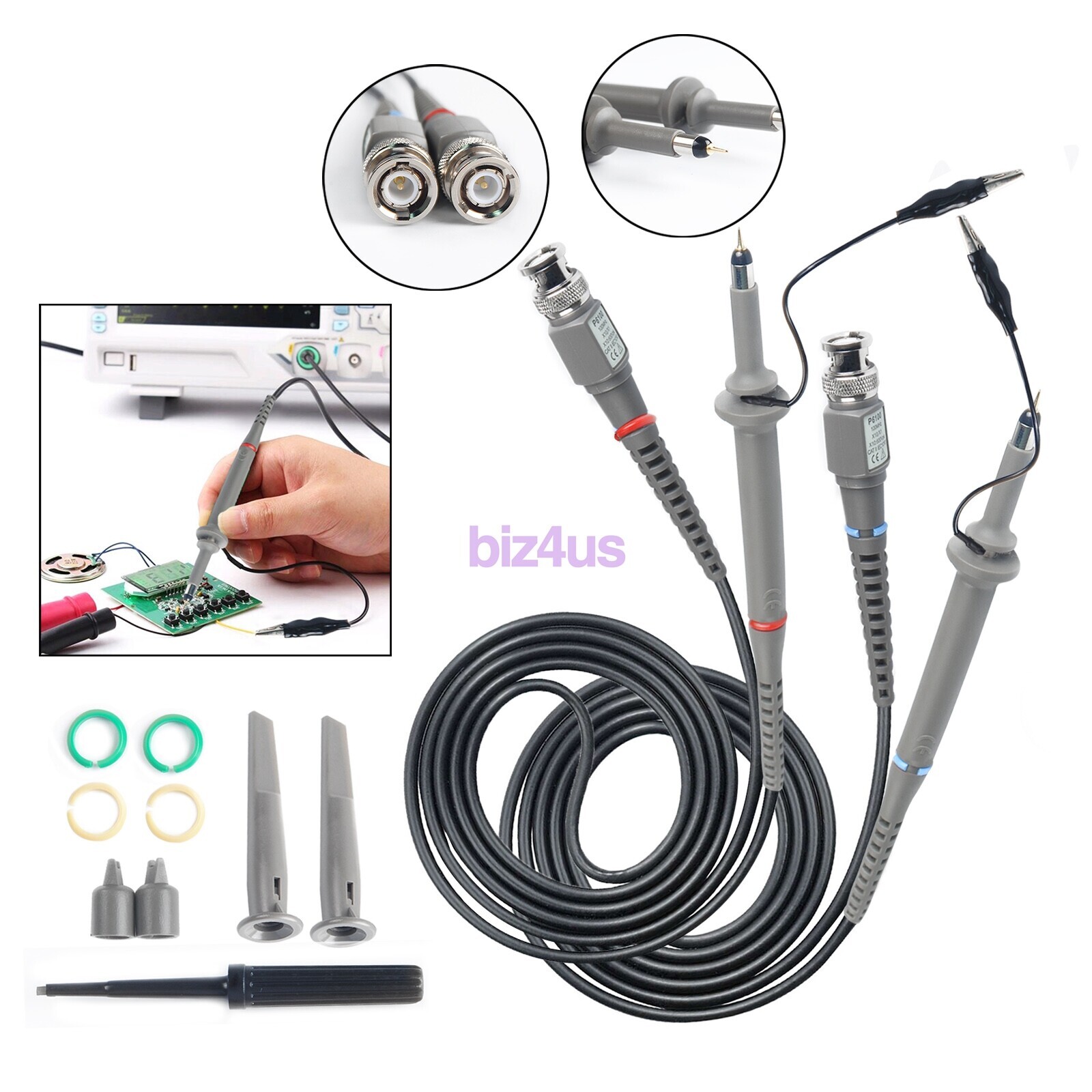 2xFor BNC Oscilloscope Probe Kit P6100 100MHz 1X 10X Precision Scope Clip Probes