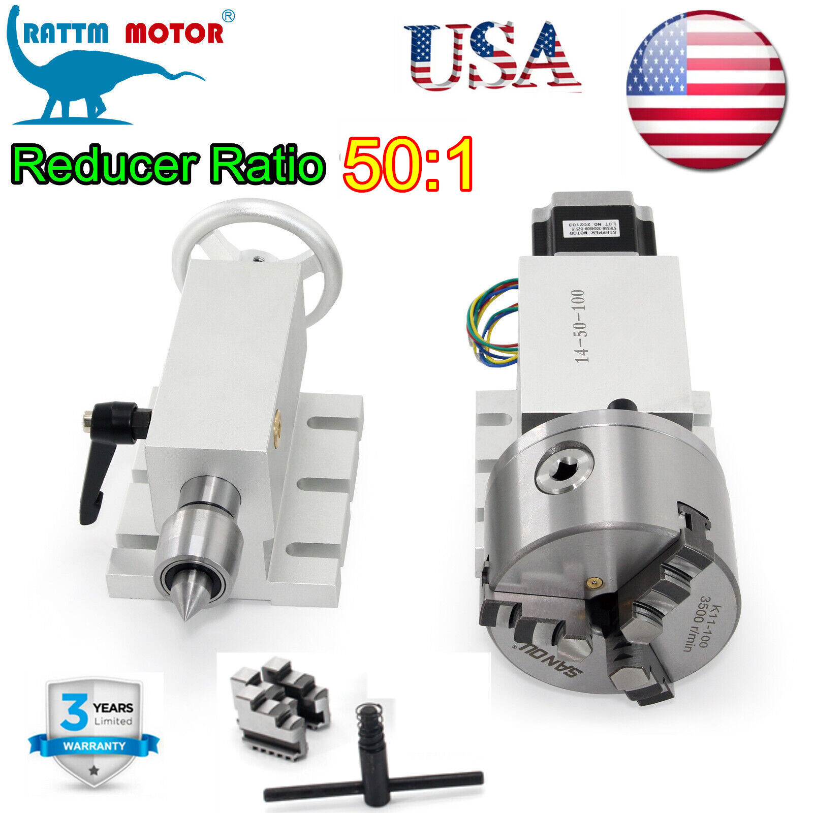 （US）Rotation 4th Axis 3 Jaw 100mm 50:1 Gapless Harmonic Zero Backlash+ Tailstock