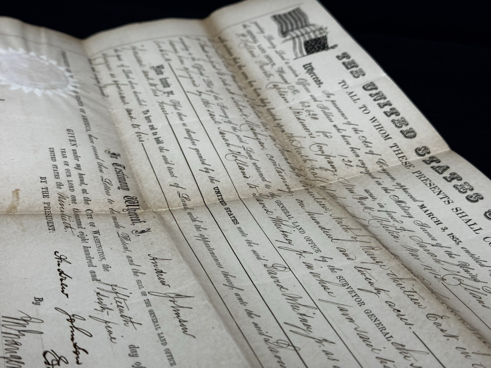 Original 1865 Andrew Johnson Civil War Land Grant 120 Detroit MI David Whitney