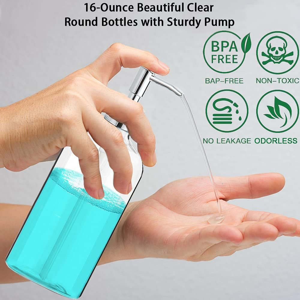 Clear Soap Dispenser with Rust Proof Pump, Waterproof Labels (2 Pack,16 Oz), Pla