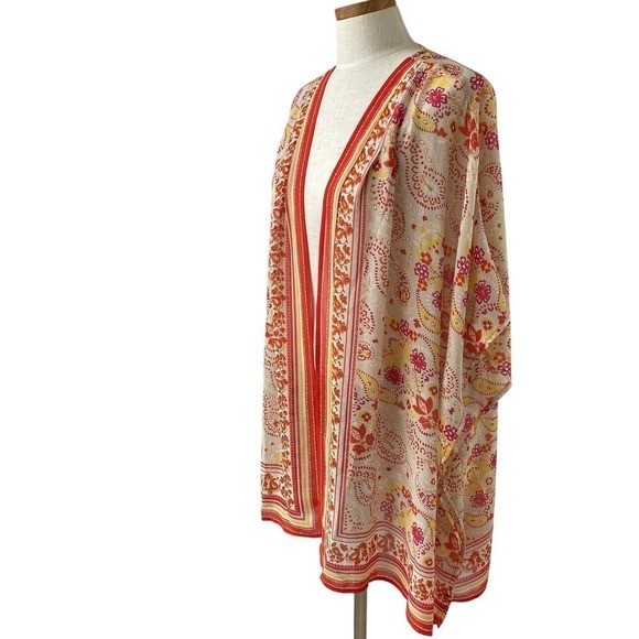 Belle by Kim Gravel Boho Sheer Paisley Kimono Cardigan Women Size 1X Orange