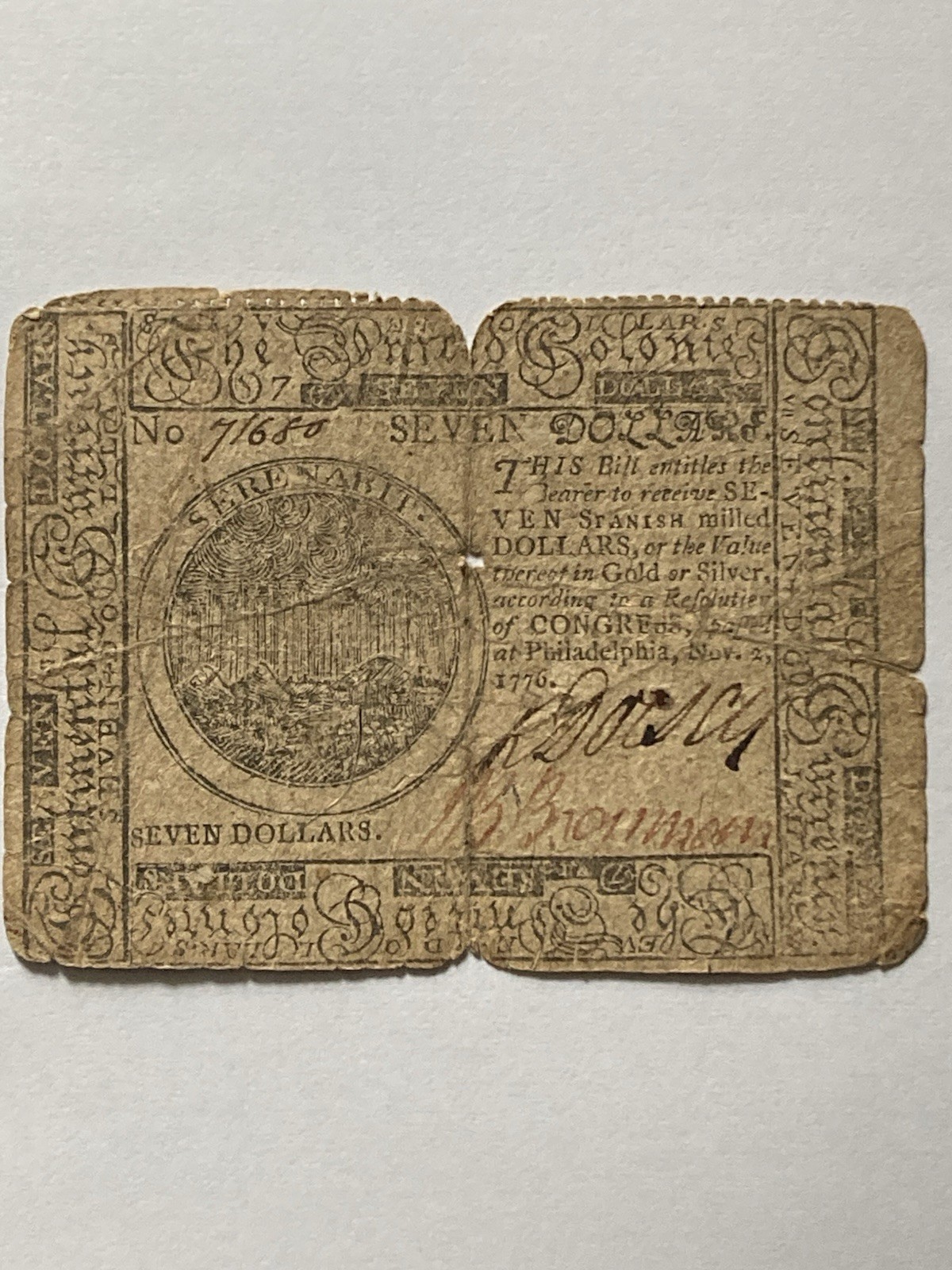 1776 Colonial America’s Continental Currency Nov 2 1776🇺🇸Rare $7 Dollars🇺🇸