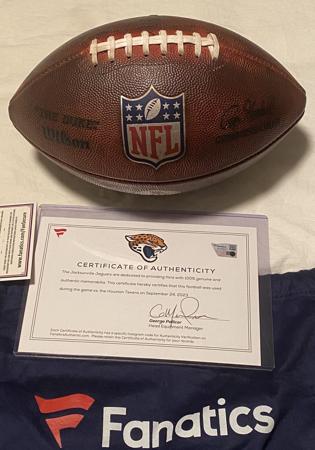 Game Used Football Trevor Lawrence Jacksonville Jaguars VS Houston Texans9/24/23