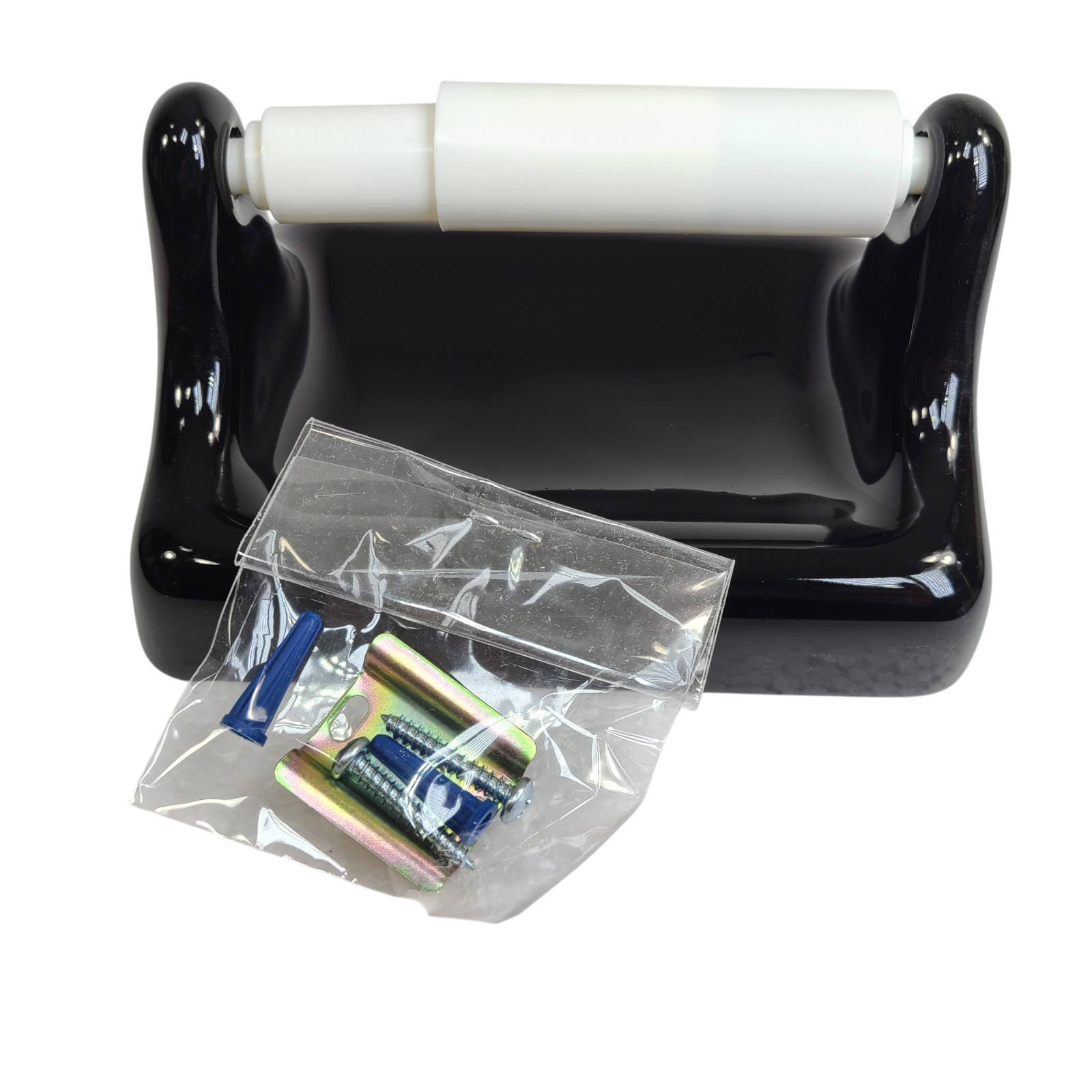 Vintage Black Ceramic TP Toilet Paper Holder Screw in Drywall Mid Century Modern