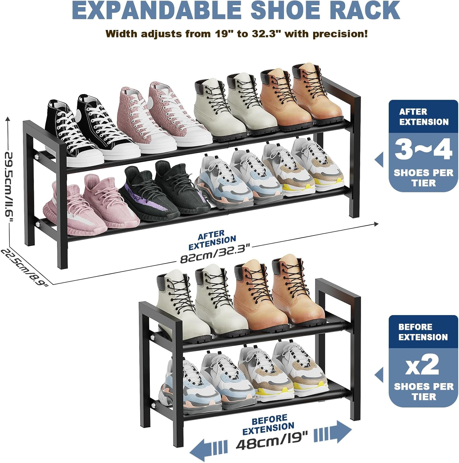 Mavivegue Expandable Shoe Rack, 2-Tier Adjustable Shoe Organizer, Shoe Shelf