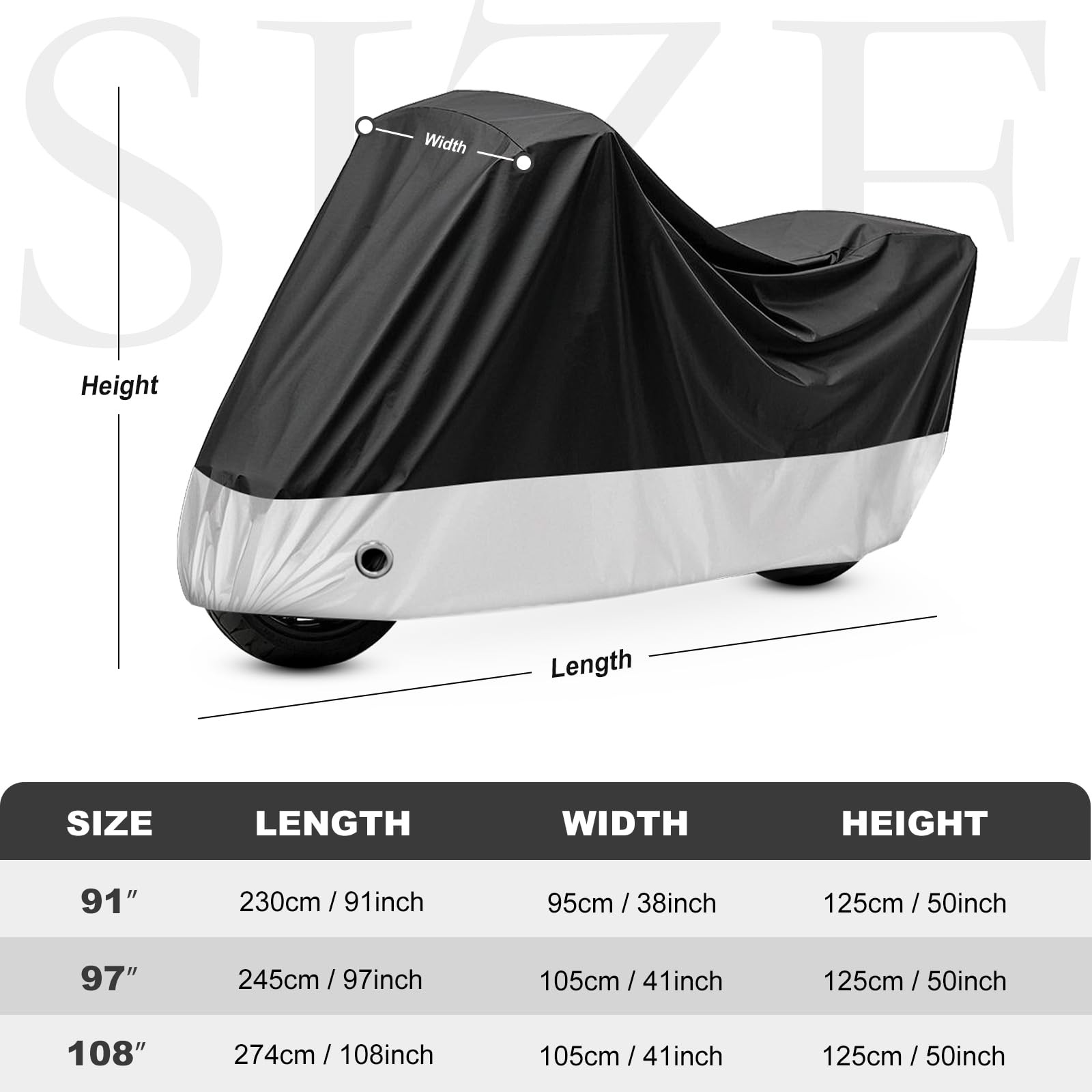 Waterproof Motorcycle Cover Black Fits Up to 91" w/ Lock Holes