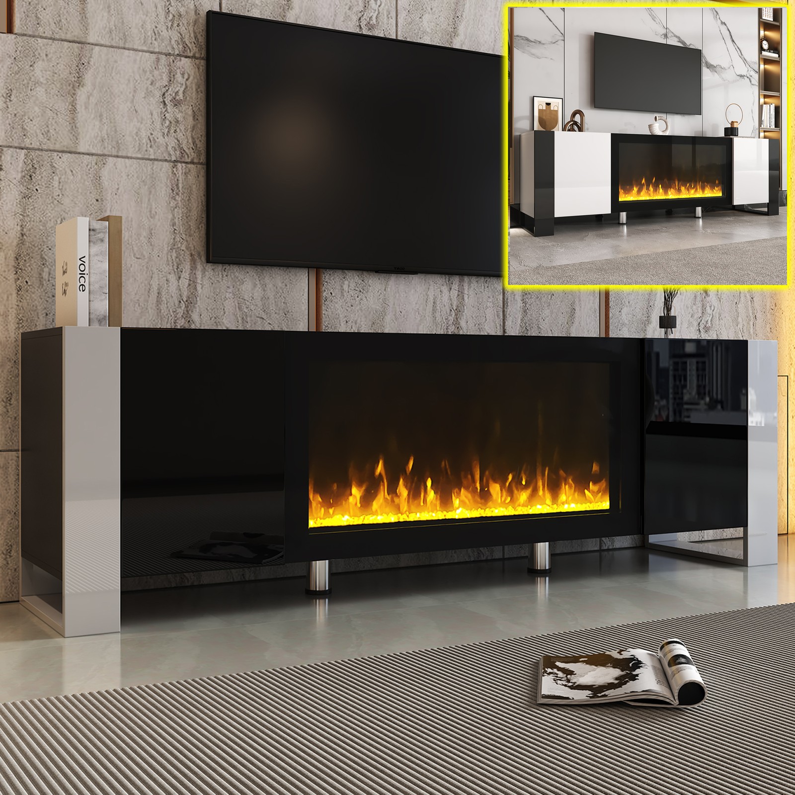 FUNIDEE Glossy TV Stand for TVs up to 78" Console with 34.2'' Electric Fireplace