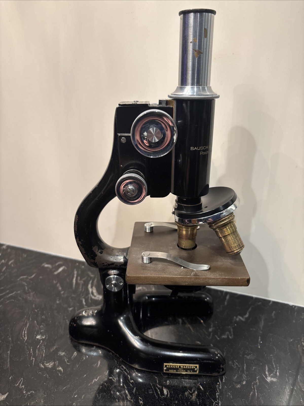 Bausch&Lomb Pat Jan 5,1915 August Waeldin Optical Microscope W/Wooden Case & Key