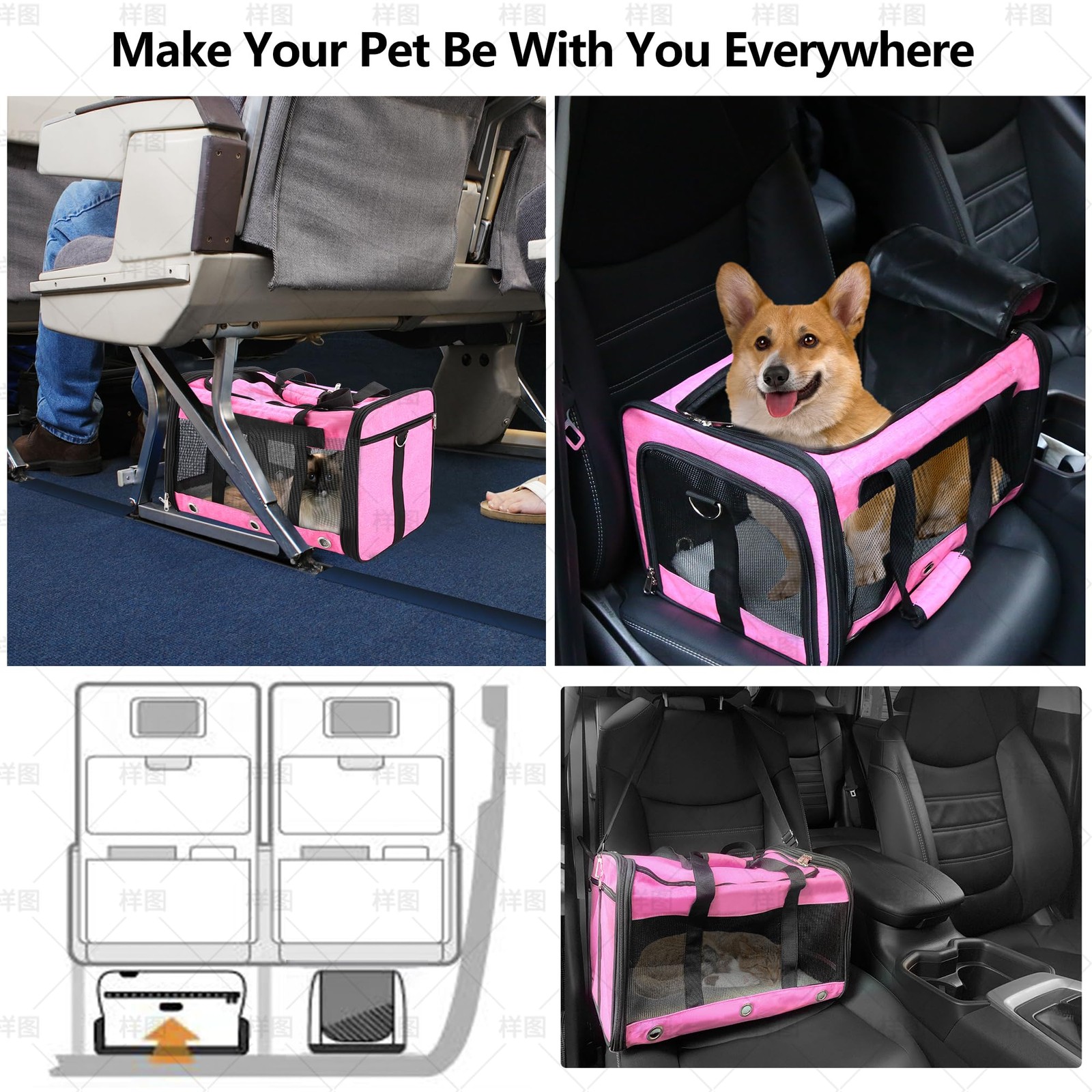 Soft Sided Cat/Dog Carrier, Collapsible, Airline Approved, Pink, for Pets up to