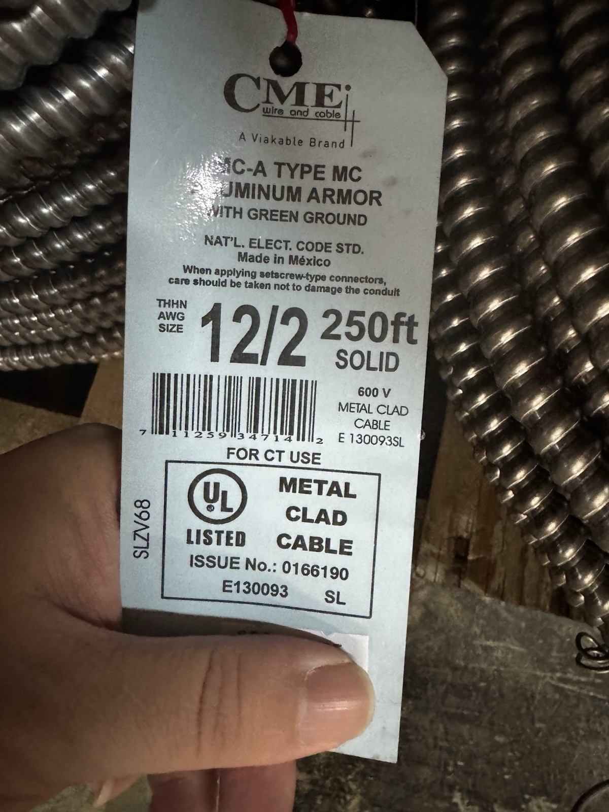 CME MC-A Alum Armor W Green Ground 250ft 600V 12/2 Metal Clad Cable