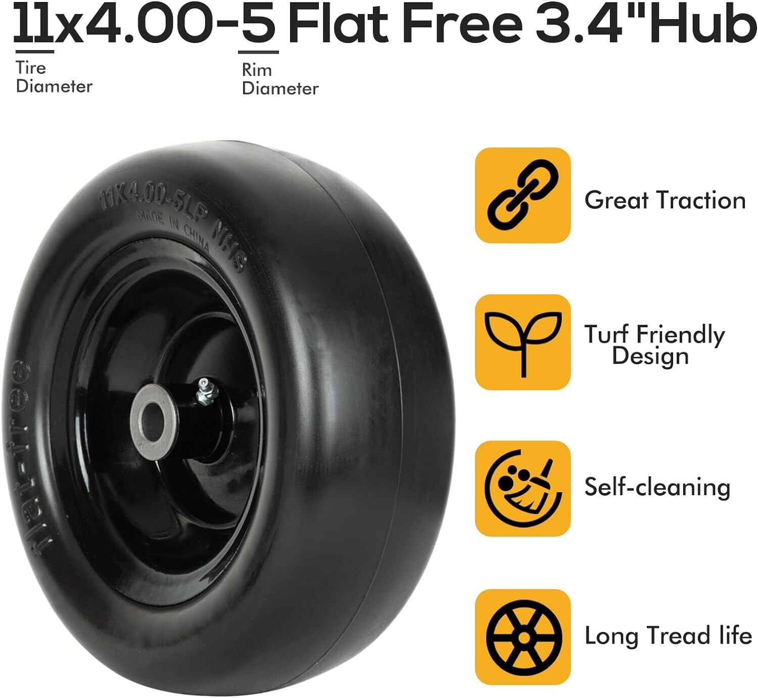 WEIZE Universal Fit 11 x 4.00-5 in Flat Free Lawn Mower Tires with Rim 11x4-5 2p