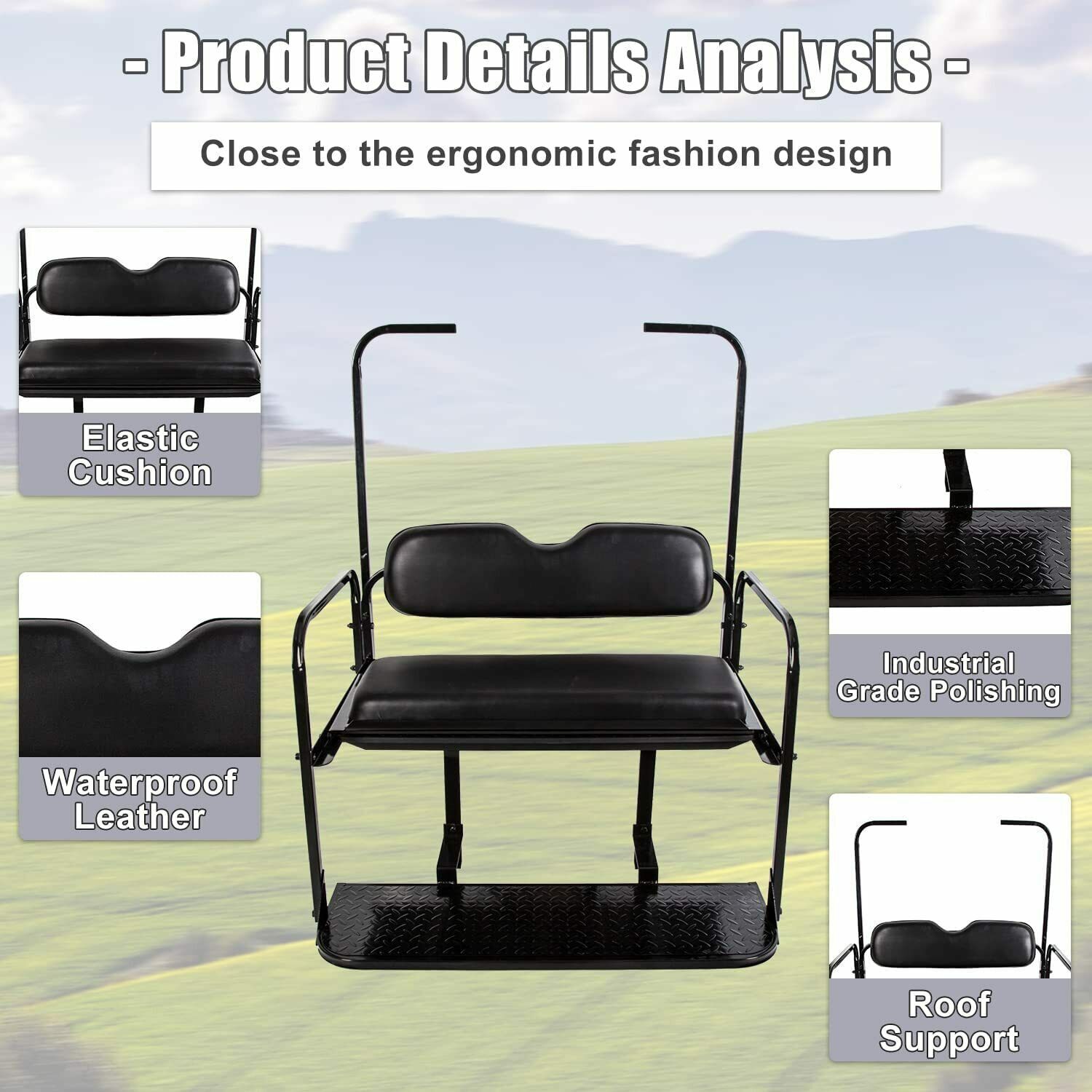 Fit EZGO TXT Golf Cart 1995+ Flip Folding Rear Back Seat with Roof Support Black