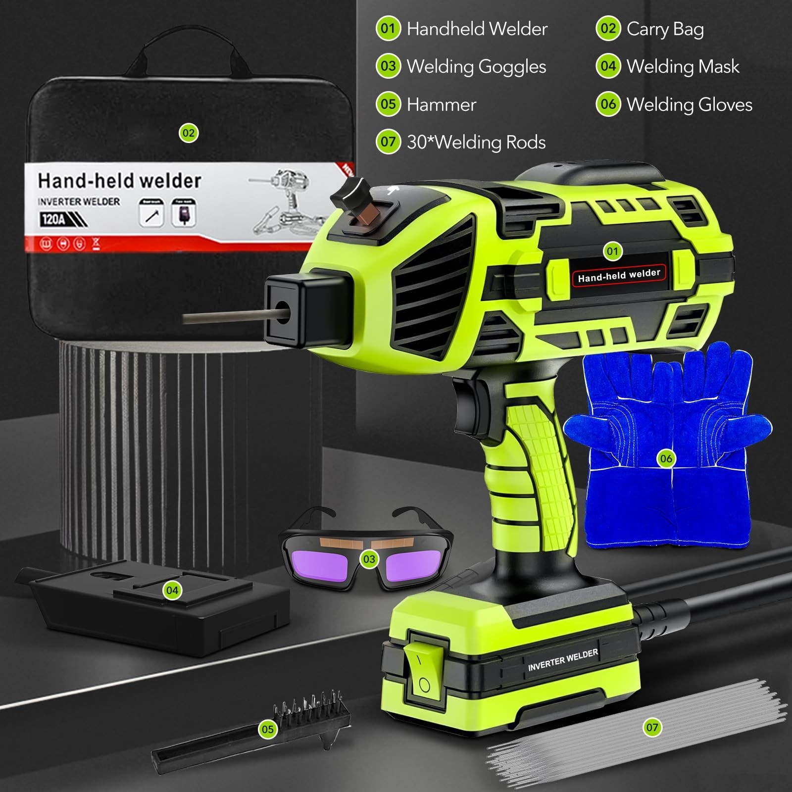 Handheld ARC Welder Kit 110V with Auto-Darkening Goggles & 30 Rods, Green