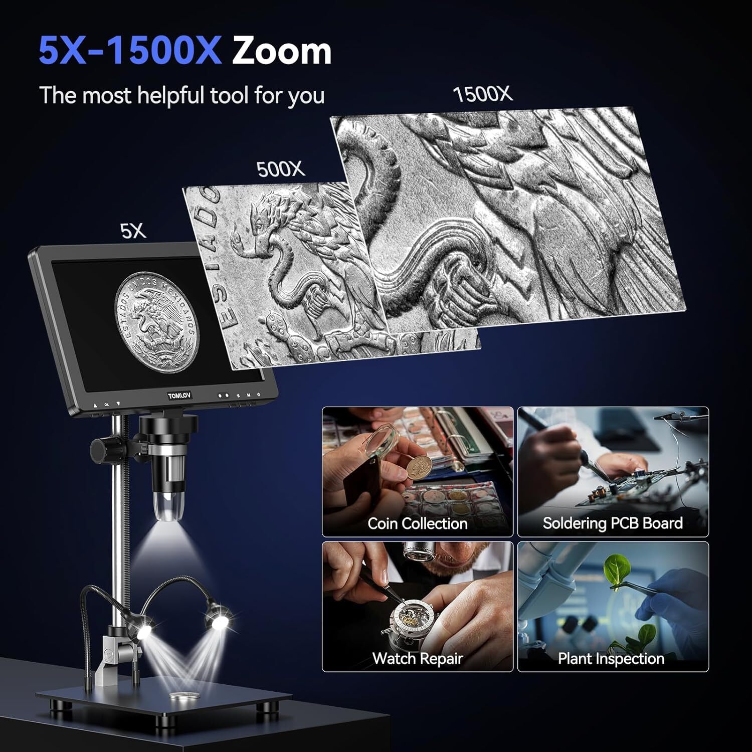 TOMLOV HDMI Digital Microscope 1500X 20MP 10.1" HD IPS Coin Microscope Magnifier
