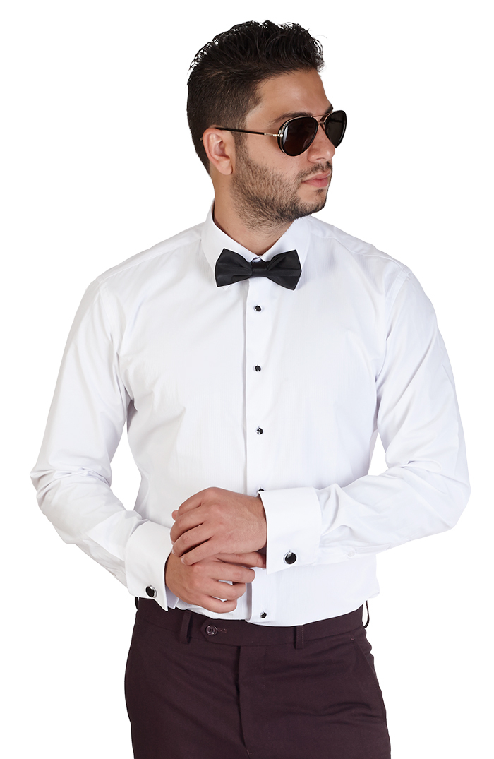 Men No Tag Lay Down White Tuxedo Dress Shirt Slim Fit Bow Cufflinks Studs AZAR