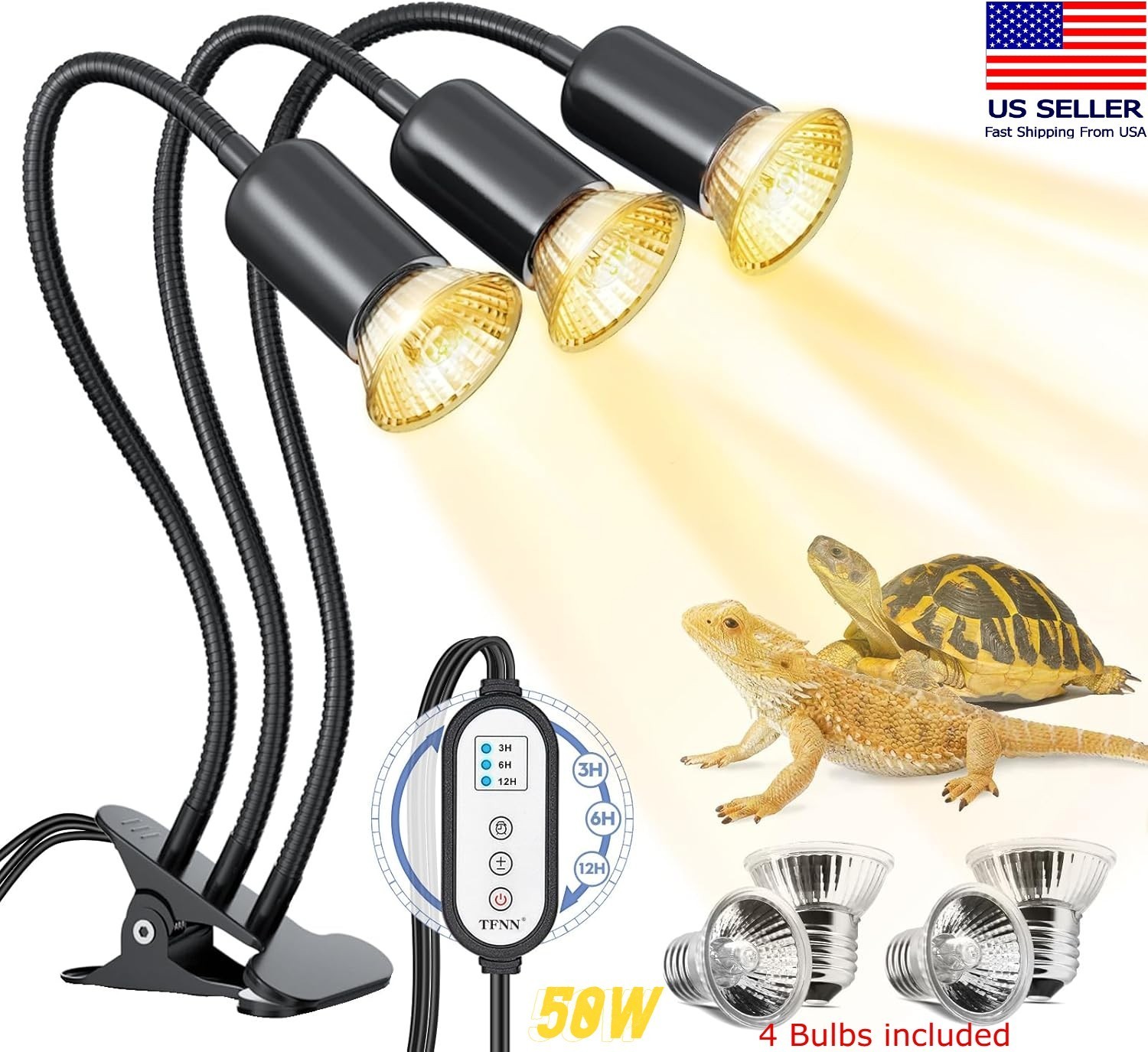 Reptile Heat Lamp Turtle Lizard 4 Bulb Adjustable Basking Heating Lamp with Clip