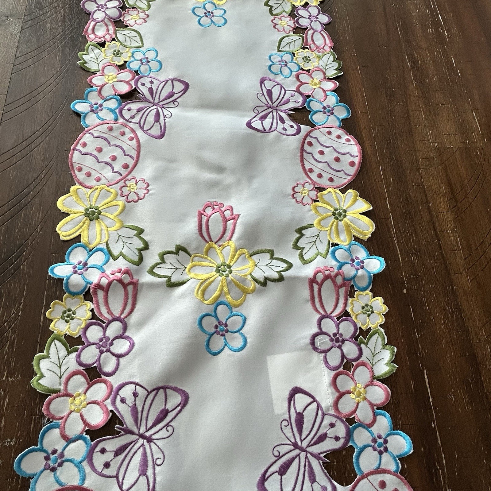 Easter Table Runner 68” Embroidered Cut work Spring Floral Easter Eggs