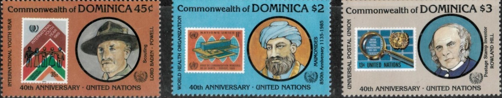 Dominica 1985 - United Nations Maimonides - Set of 3 Stamps - Scott #931-3 - MNH