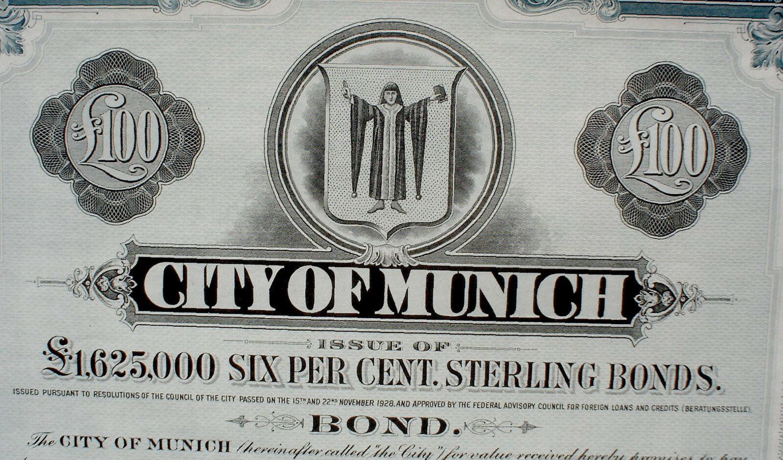 6% City of Munich 100 £ Bond to Bearer 1953 uncancelled print by Waterlow & Sons