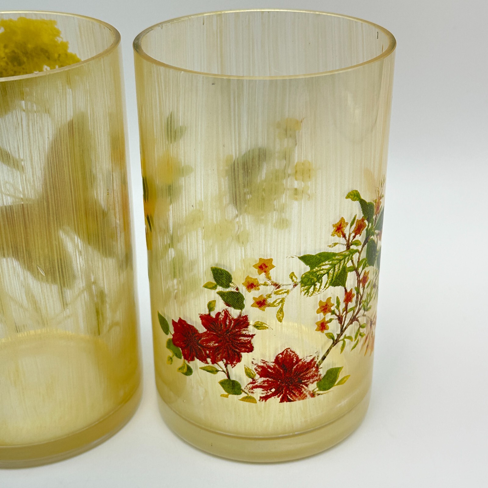 MCM Drinking Glasses Set Butterfly Floral Art Painted 6in Tall Vintage Decor