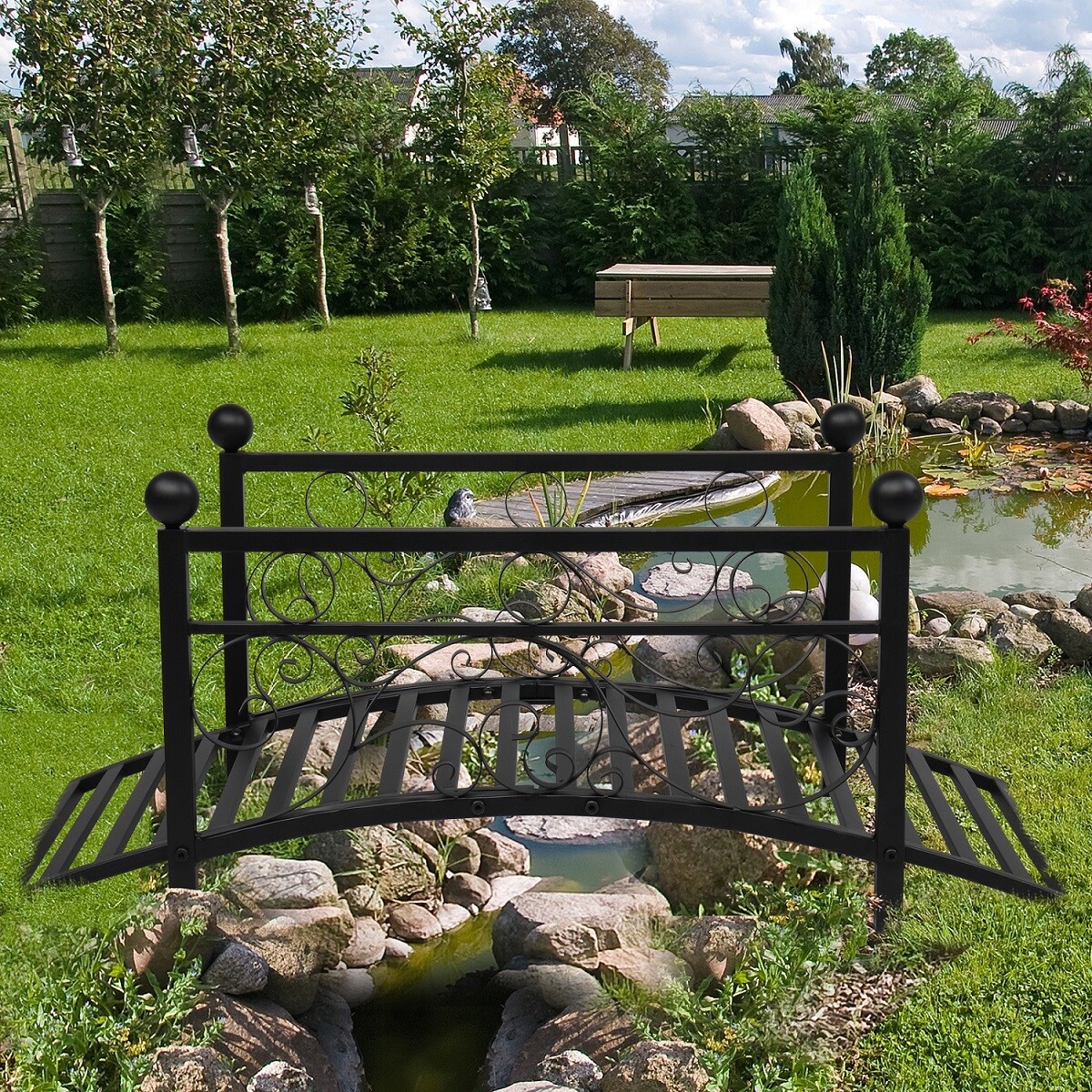 Outdoor Metal Garden Bridge with Security Guardrail for Patio Pond Backyard US