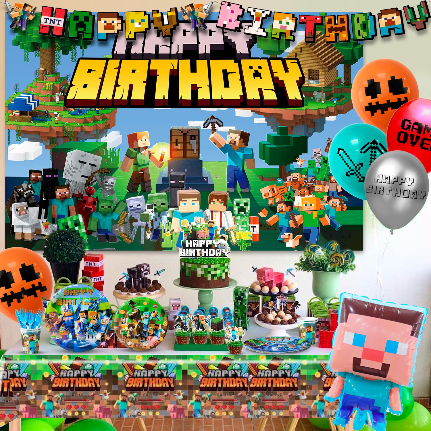 113 Minecraft Birthday Party Decorations Tableware Balloons Banner Plates Cups