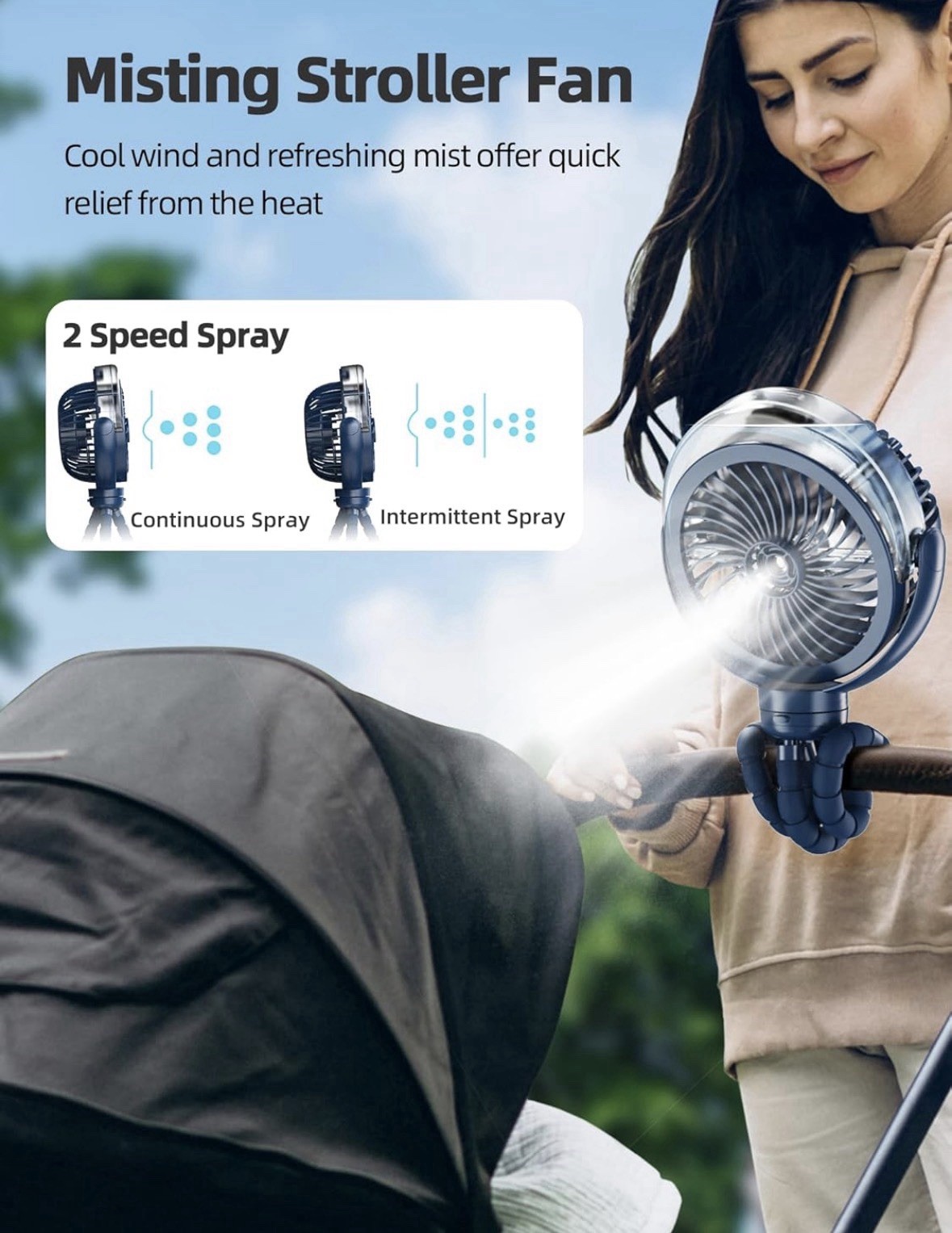 Misting Stroller Fan, 6000mAh Battery Operated Portable Fan with Light