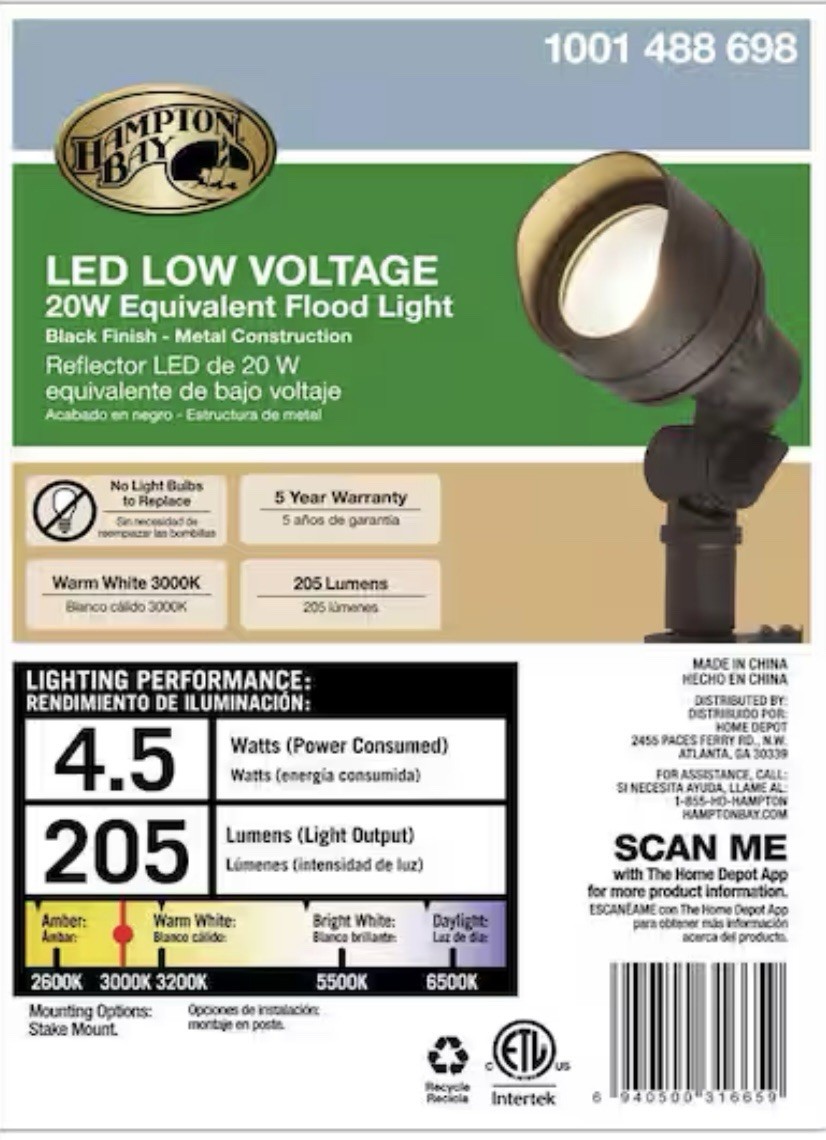 10 Pack Hampton Bay 20W LED Low Voltage Spotlight Metal Black Landscape Lights