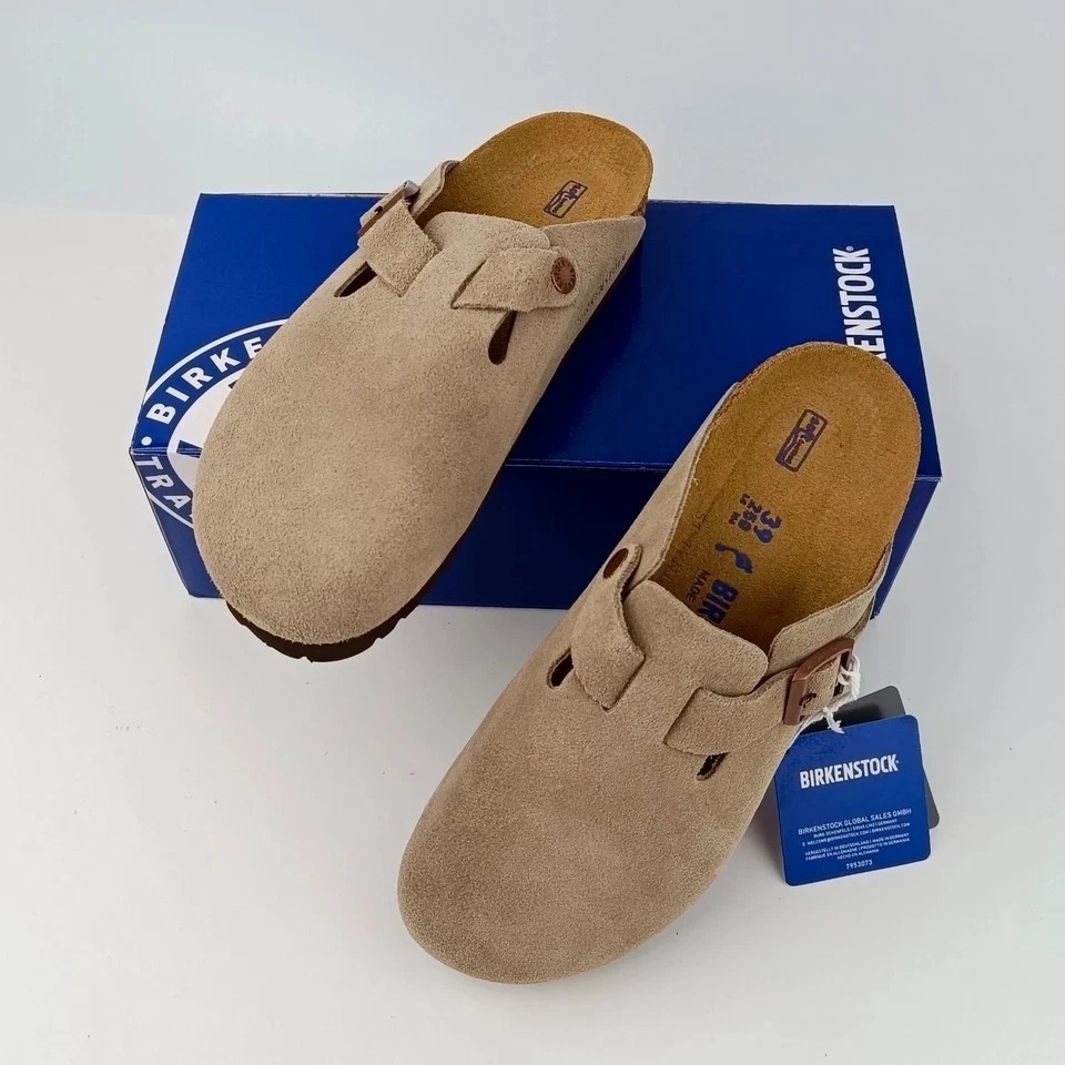 Birkenstock Boston Taupe Suede Leather Soft Footbed Unisex Clog Shoes