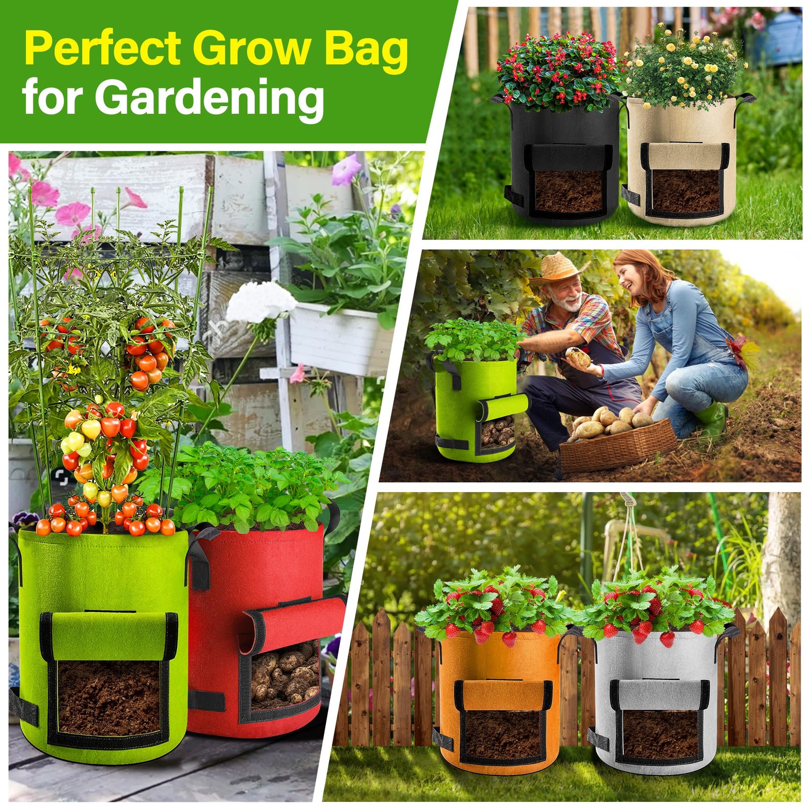 Suntee 6 Pack 10 Gallon Potato Grow Bags with Flap Fabric Plant Pots Multicolor