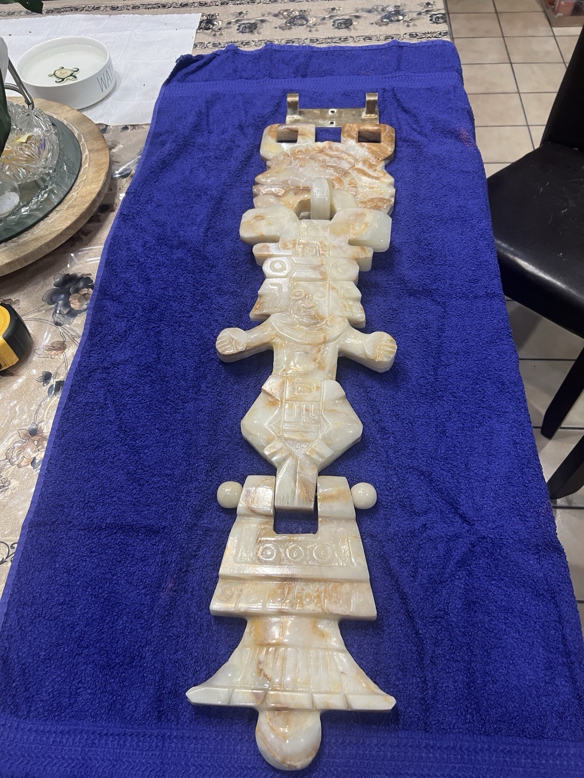 Aztec Mayan Marble/Onyx Large Stone Hand Carved Wall Hanging 33” Long W/bracket