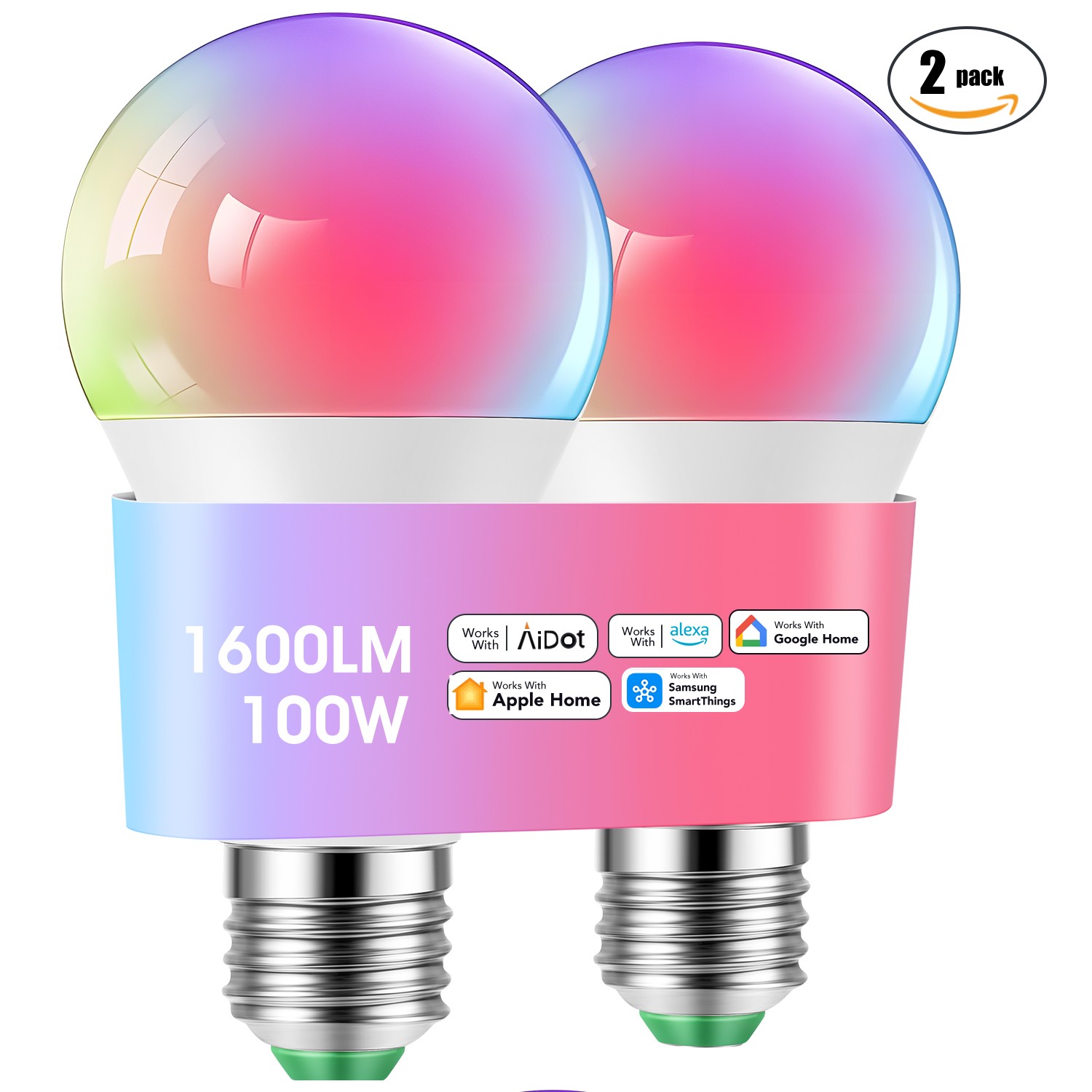 Dual Bulb: Smart (2 9W 806LM, w/ E26, Pack) Alexa/Google BT & Mode, WiFi RGBCW,