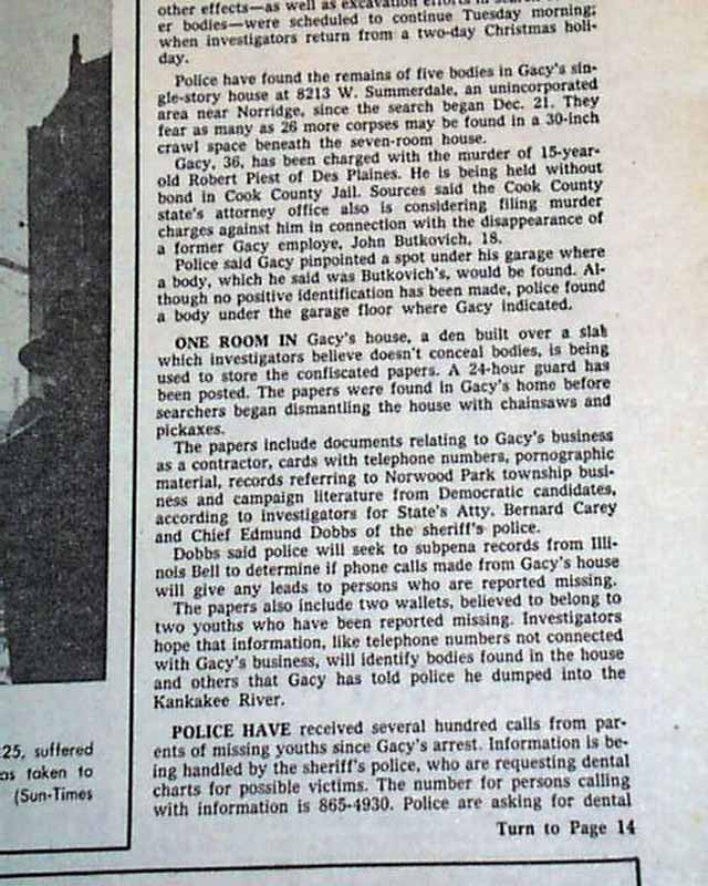 Chicago ARREST & Investigation of John Wayne Gacy Killer Clown 1978 Newspaper