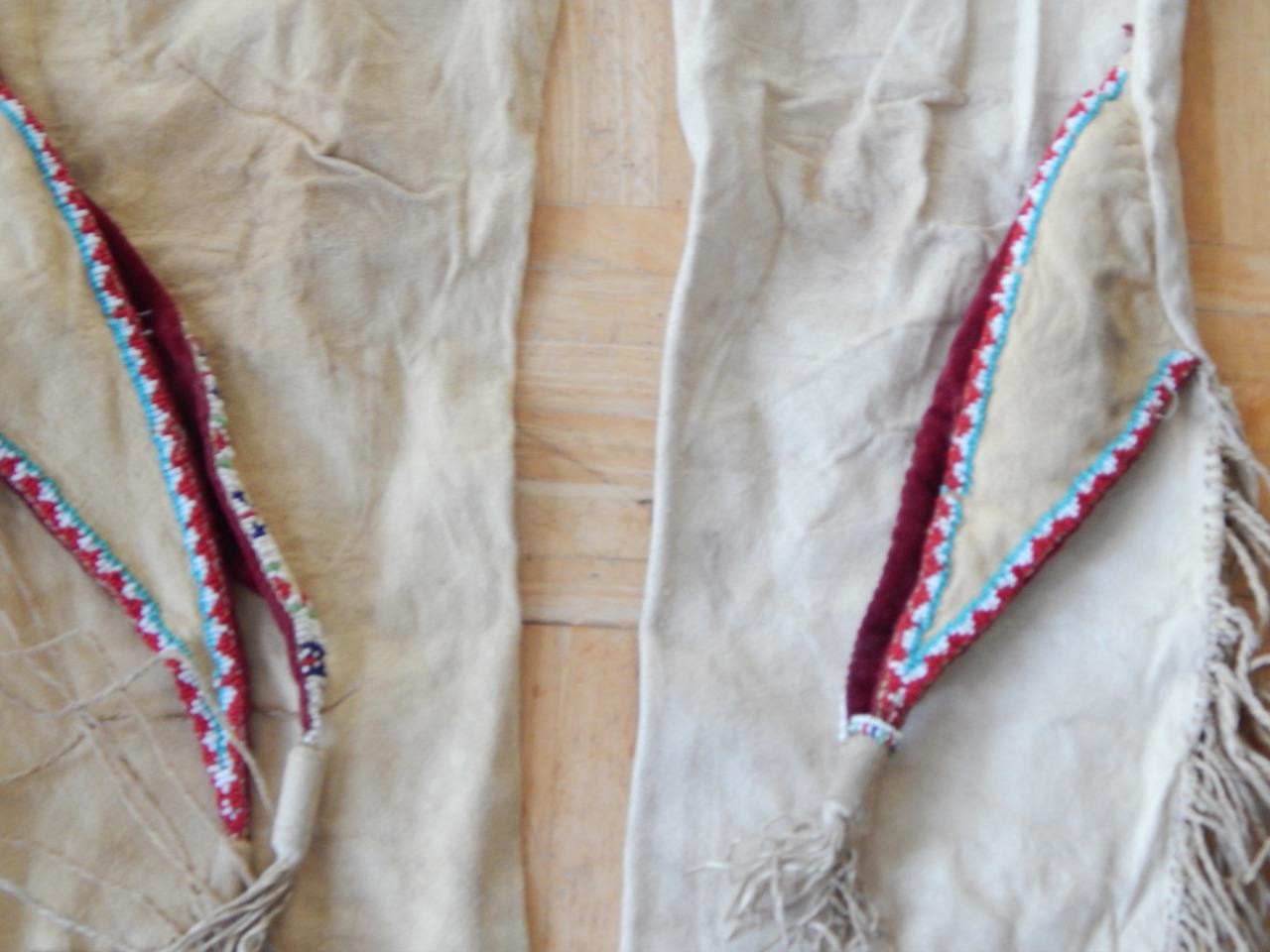 ANTIQUE COMANCHE SO. PLAINS INDIAN INDIAN BEADED HIDE LEGGINS TWISTED FRINGE