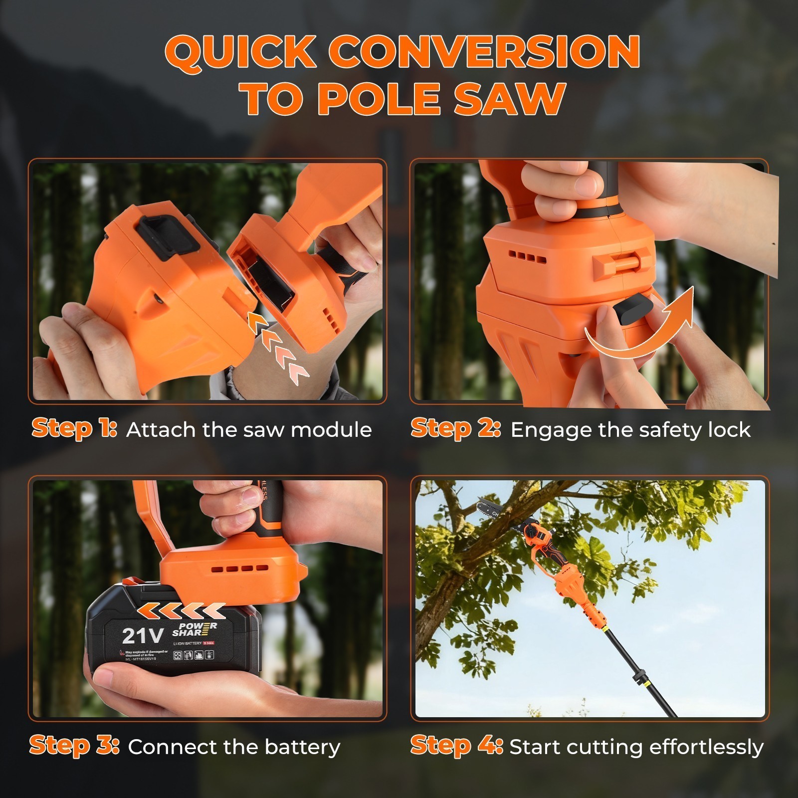 4-in-1 Cordless Pole Saw & Pruning Shears Combo Kit 16FT Reach 8" Chainsaw