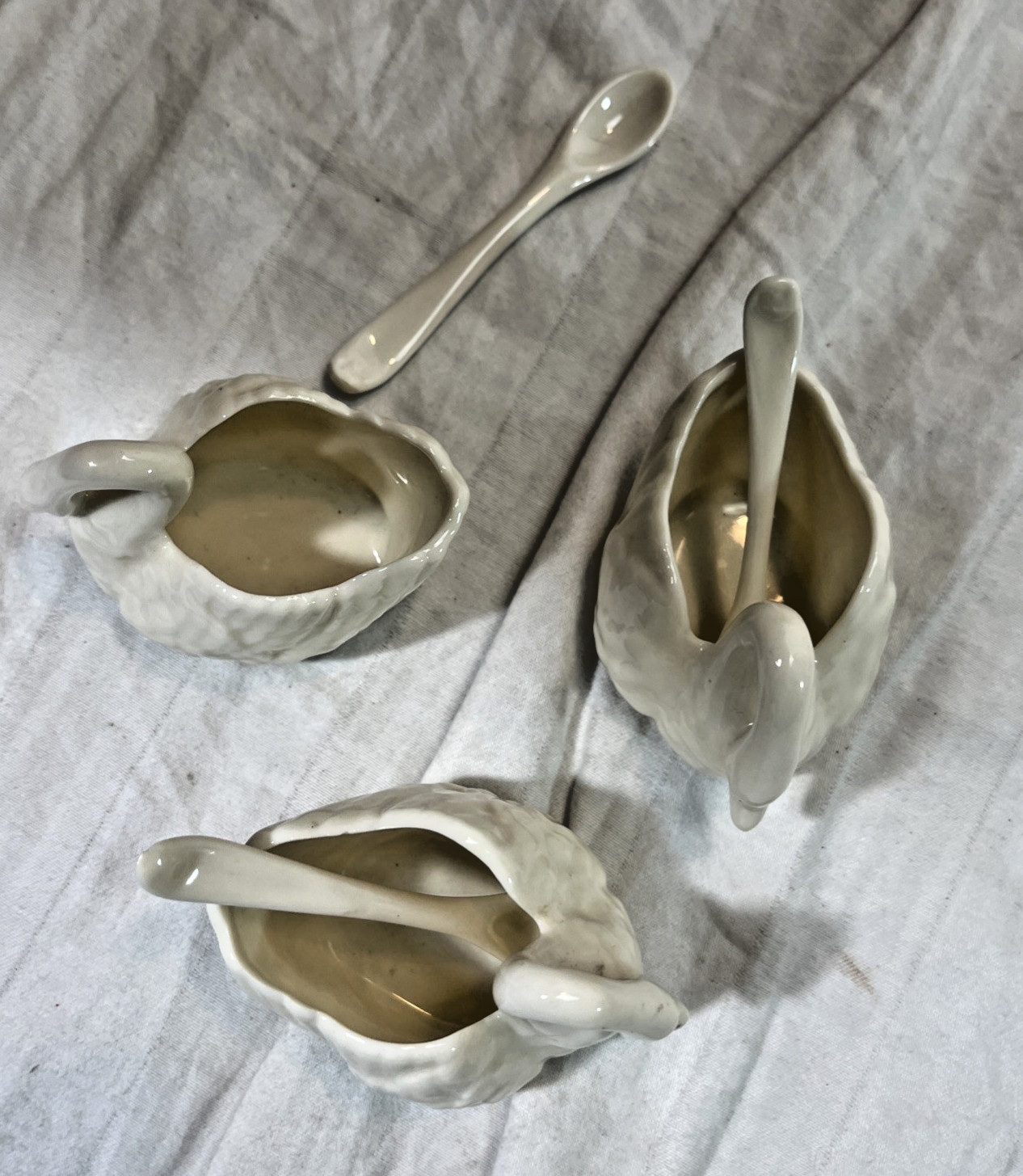 Vintage Lenox Swan Salt Cellars With Spoons Set Of 3 Off White/Cream